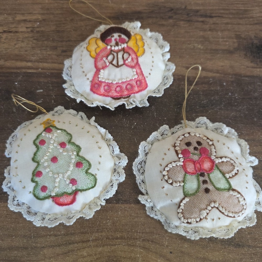 Handmade Vintage Assorted Pillows Needlepoint Christmas Ornaments Set of 3 Lace